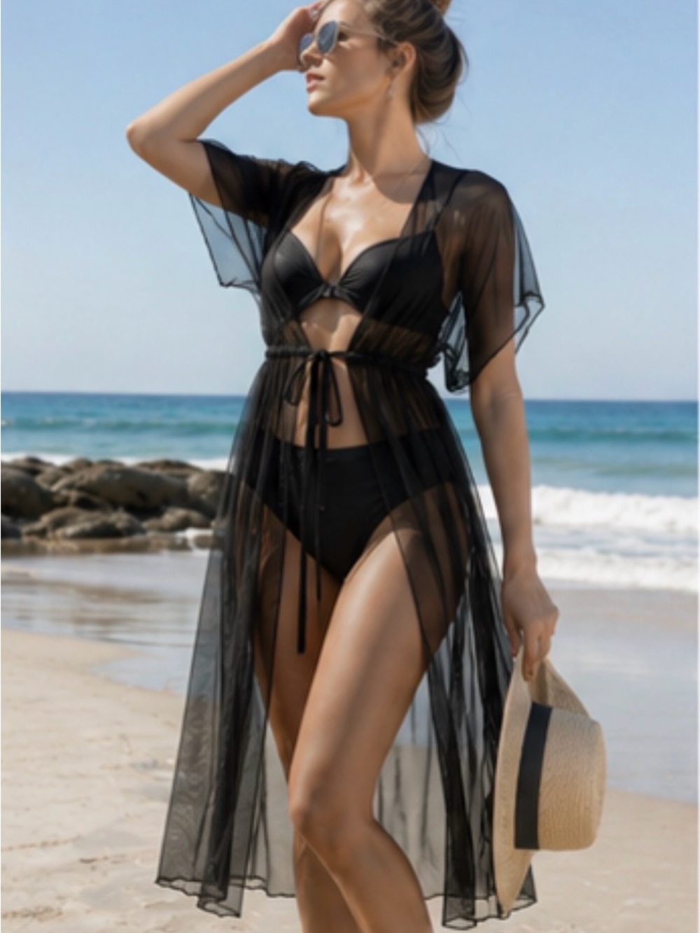 Black Sheer Mesh Tie-Waist Kimono Cover-Up
